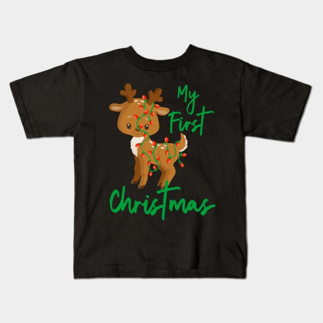 My First Christmas - Reindeer Kids T-Shirt by PeppermintClover